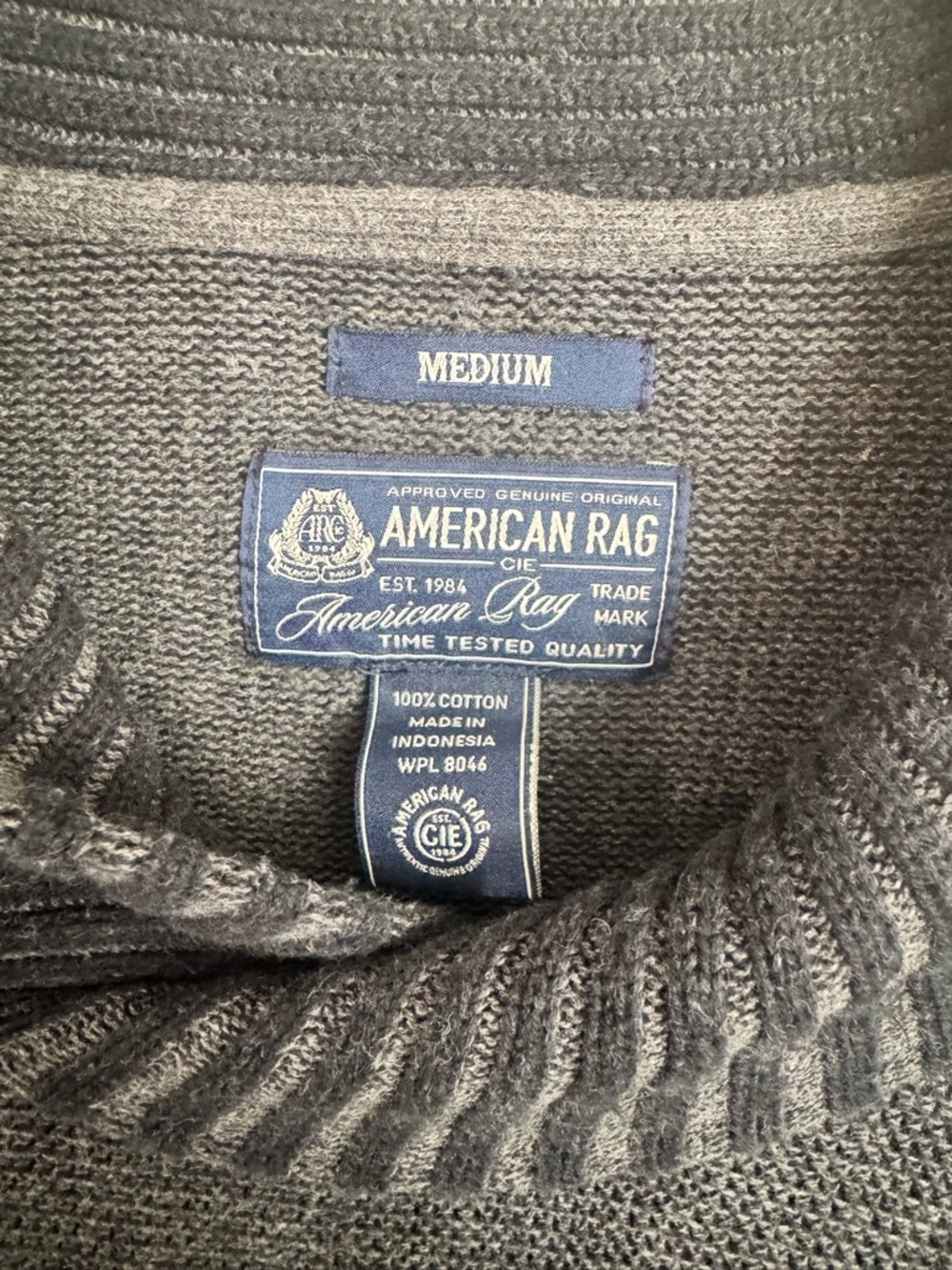 American Rag Cie Shawl Collar 100% Cotton Knit Sweater Gray Black Men’s M - Picture 4 of 11